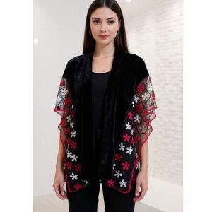 Jovie Black Velvet Floral Lace Embroidered Kimono Style Shrug